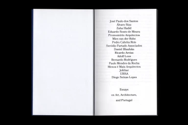 Open book layout showing a list of architectural names and essay titles centered on the right page against a white background.