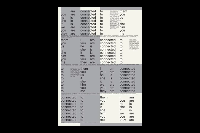 Text-based art piece featuring repeating phrases like 'I am connected to them' and 'You are connected to us,' arranged in columns.