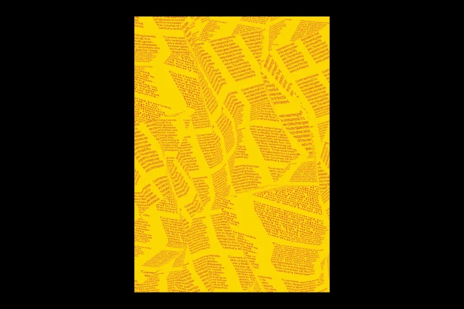 Abstract background with dense, overlapping text patterns in shades of yellow and orange, creating a textured, dynamic visual effect.