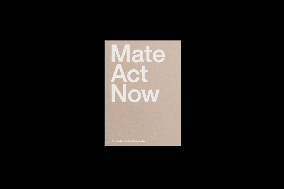 Graphic book cover featuring 'Mate Act Now' in white text on a kraft paper background, set against a solid black backdrop.