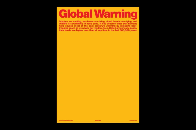 A poster with the words 'Global Warming' in red on a yellow background, alongside text detailing the effects of climate change.