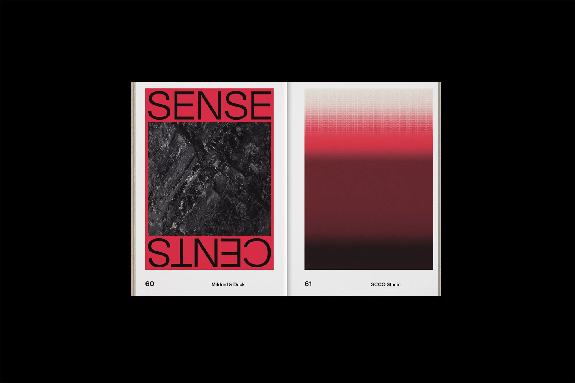 Open book spread features abstract images: one with black rock texture, the other an ombre blend from white to red to black.