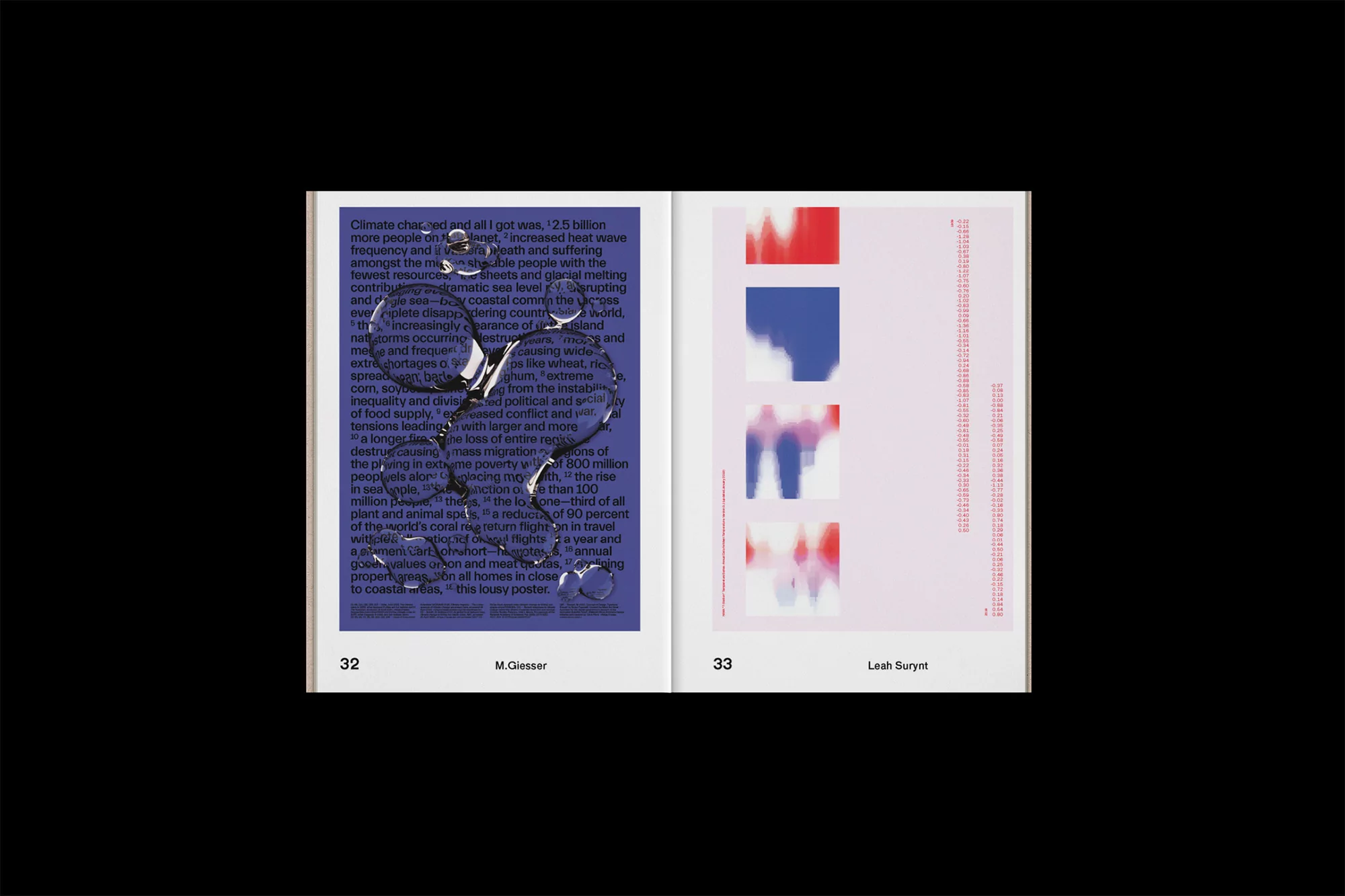 Double-page spread from a magazine featuring abstract charts and data-driven text on climate change, printed in blue, red, and black ink.