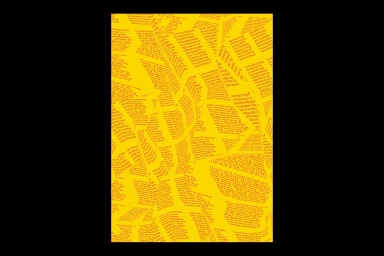 Vibrant yellow typographic background with folded paper texture and repeating columns of dark text