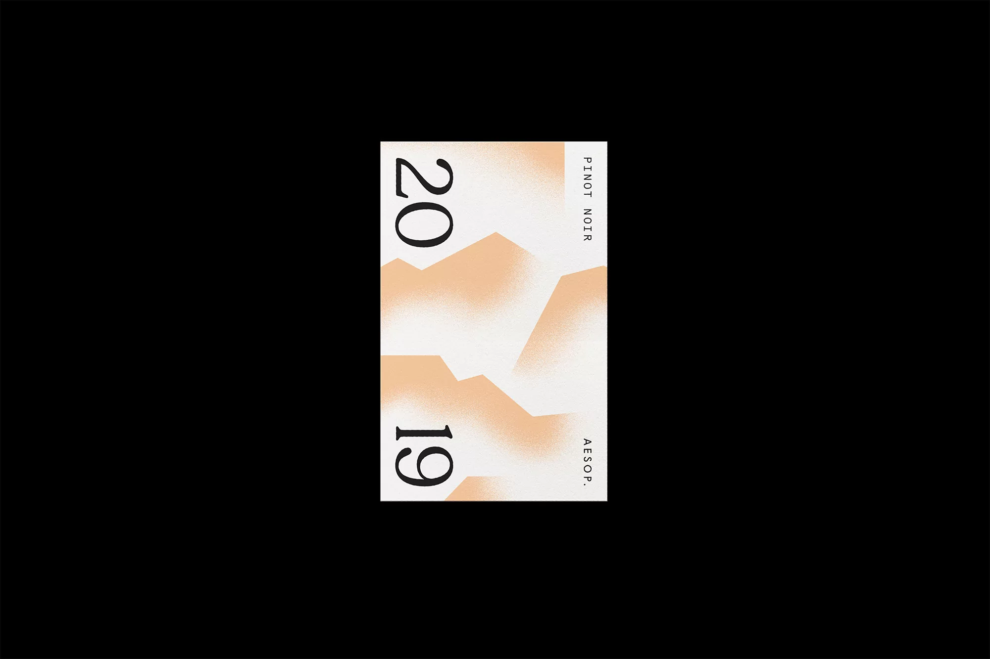 Wine label featuring peach-colored geometric shapes and the year '2019' in bold black numbers against a stark black backdrop.
