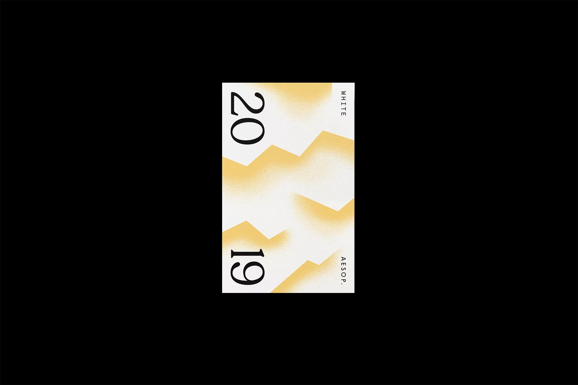 Minimalist graphic design with overlapping white and yellow geometric shapes on a white background, surrounded by black negative space.