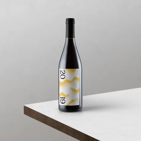 Dark red wine bottle with an abstract white and yellow label sits on a white surface against a plain gray background.