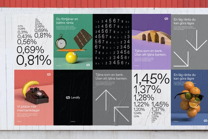 Nine promotional posters on a white wall with a red molding depict various objects and percentages, promoting Lendify's financial services.