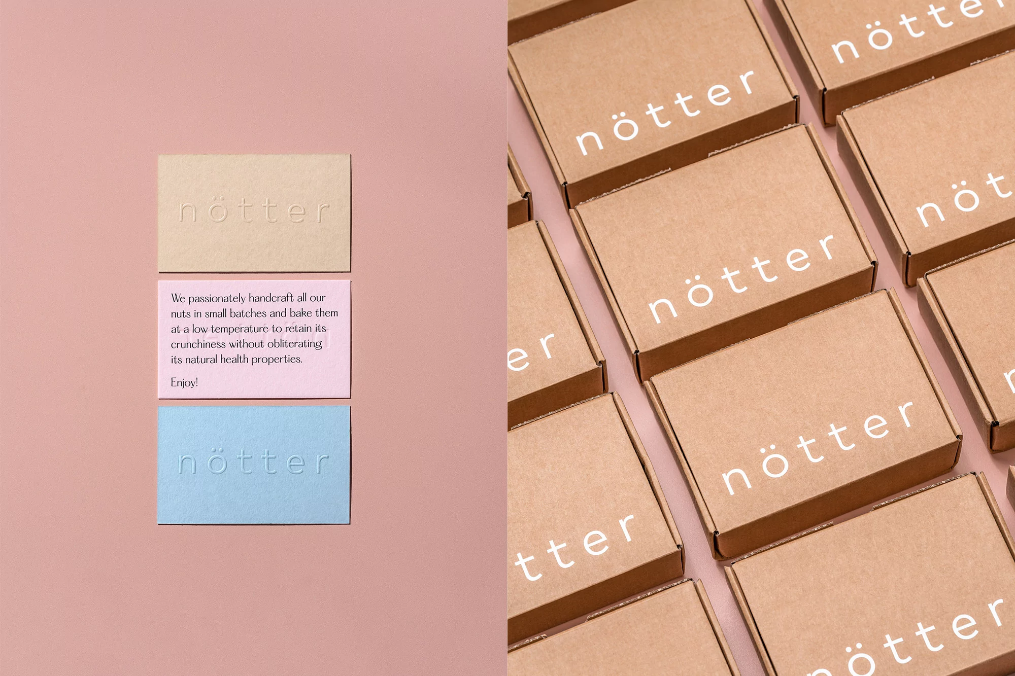 Arrangement of Nötter branded boxes and cards in pastel colors, showcasing the company's handcrafted nut products and branding elements.