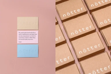 Split view showing stacked brand cards on the left and an array of brown cardboard boxes with white lettered branding on the right.