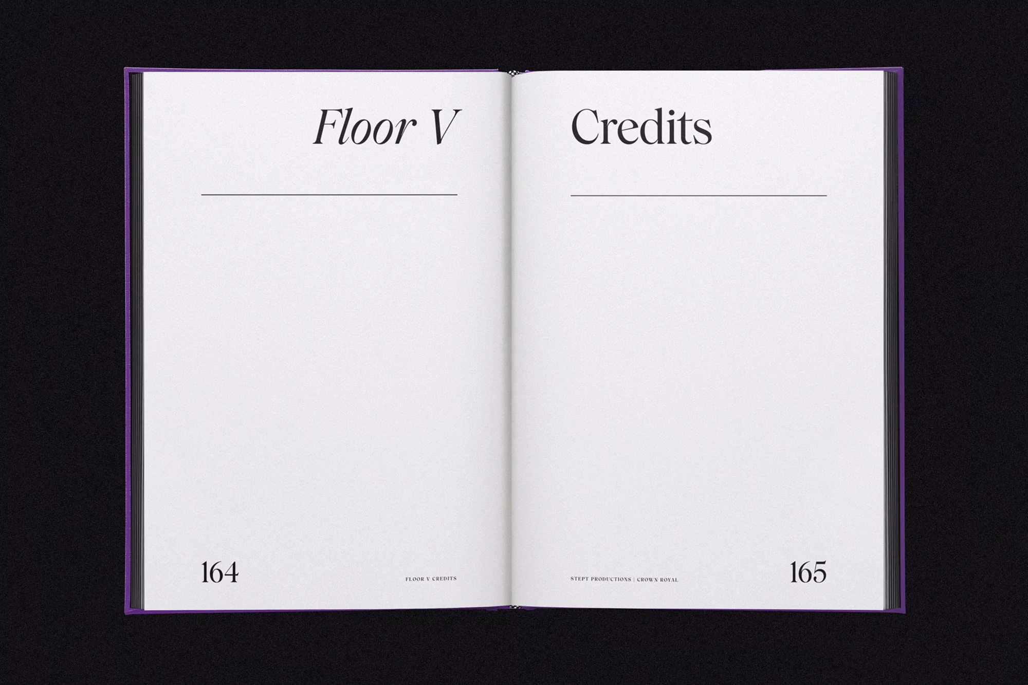 Open book with the title 'Floor V' on the left page and 'Credits' on the right page, set against a black background.