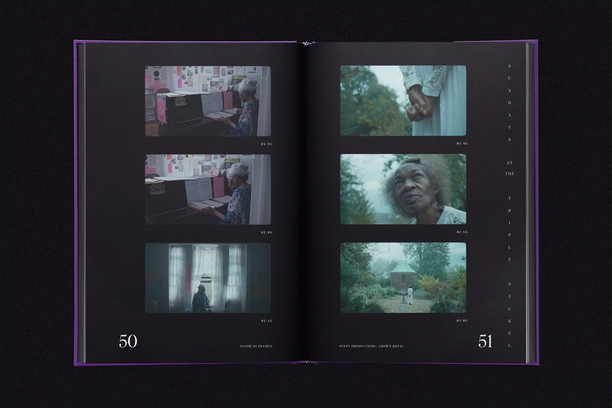 Open book displays six film stills: woman at desk, hands clasping, woman looking up, silhouetted figure, house in fog, figure walking.