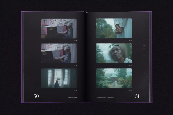 Open book displays six film stills: woman at desk, hands clasping, woman looking up, silhouetted figure, house in fog, figure walking.