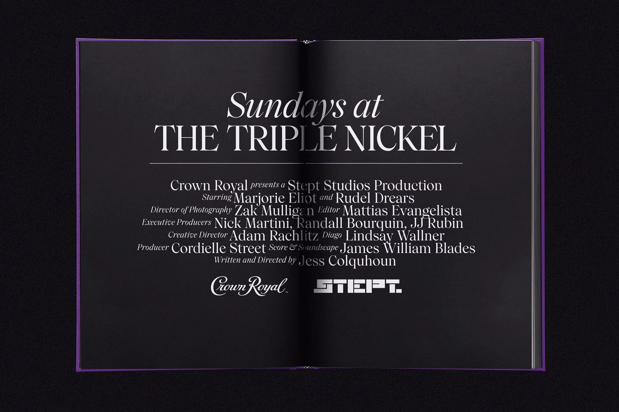 Open book displaying 'Sundays at The Triple Nickel' title page, featuring production credits and brand logos on a black background.