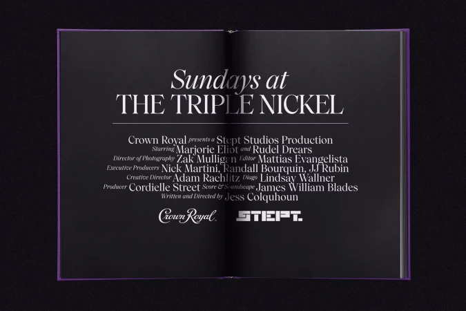 Open book displaying 'Sundays at The Triple Nickel' title page, featuring production credits and brand logos on a black background.