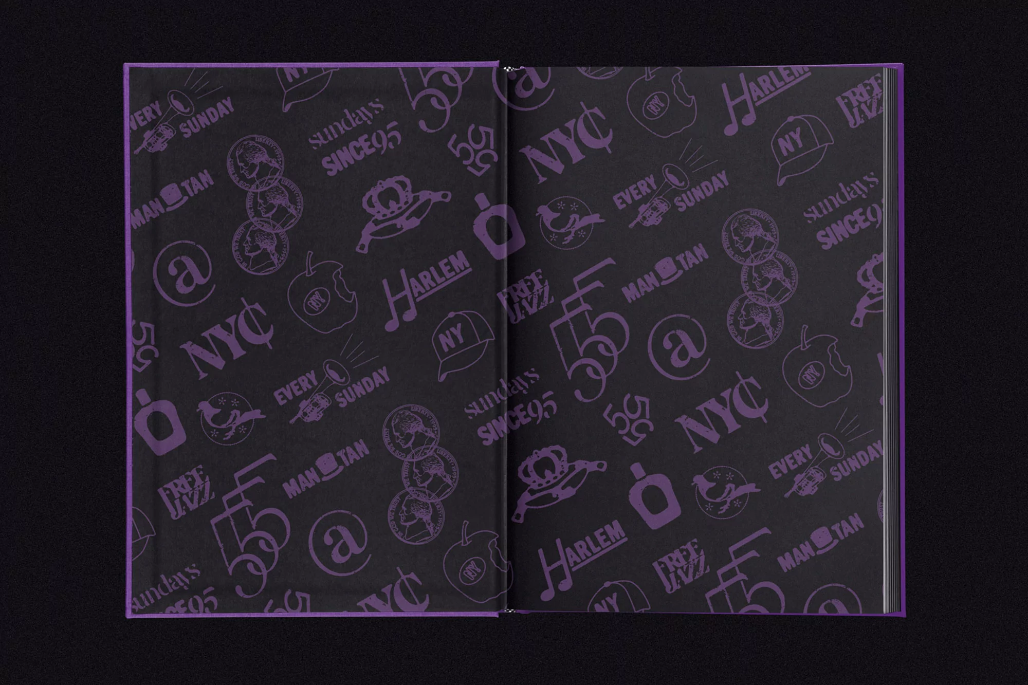 Open book with purple cover and dark grey patterned interior pages featuring New York City, Harlem, and Manhattan motifs.