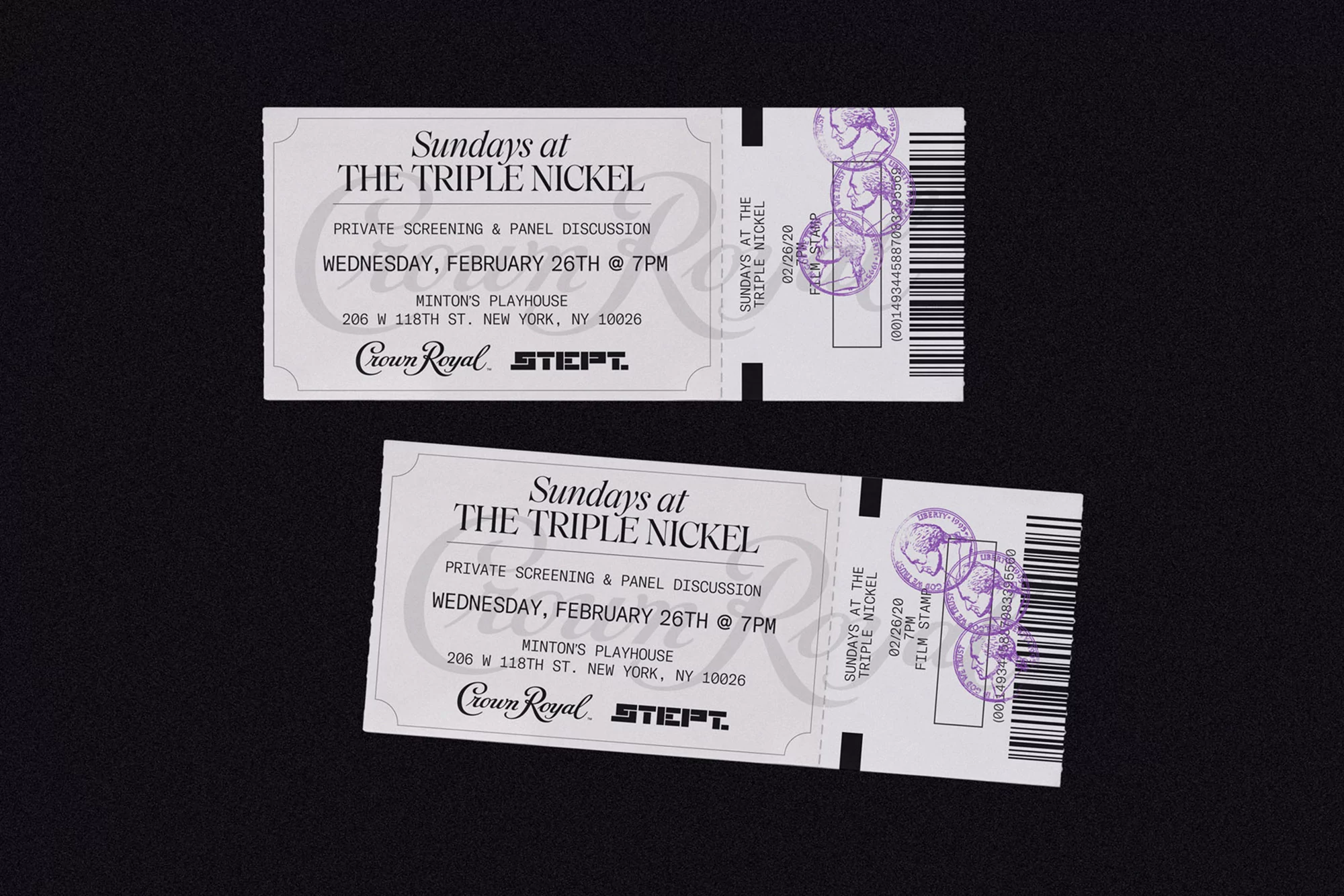 Two vintage-style event tickets for 'Sundays at The Triple Nickel' feature a private screening and panel discussion; Crown Royal branding.