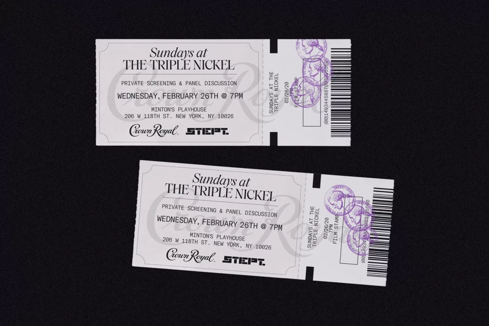 Two vintage-style event tickets for 'Sundays at The Triple Nickel' feature a private screening and panel discussion; Crown Royal branding.