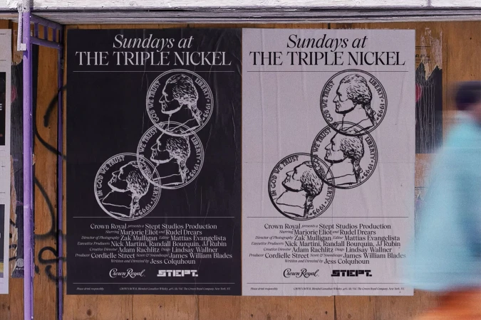 Two posters for 'Sundays at the Triple Nickel' on wood with metal frame, featuring nickel coin graphic and details, black and white.