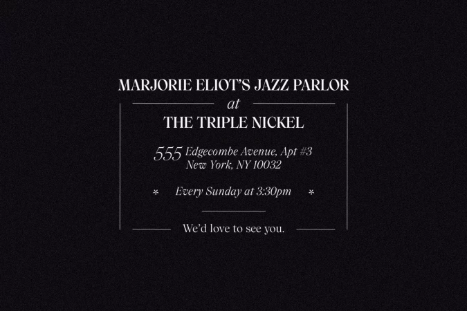 Flyer for Marjorie Eliot's Jazz Parlor at The Triple Nickel, located in New York, Sundays at 3:30pm on a black background.