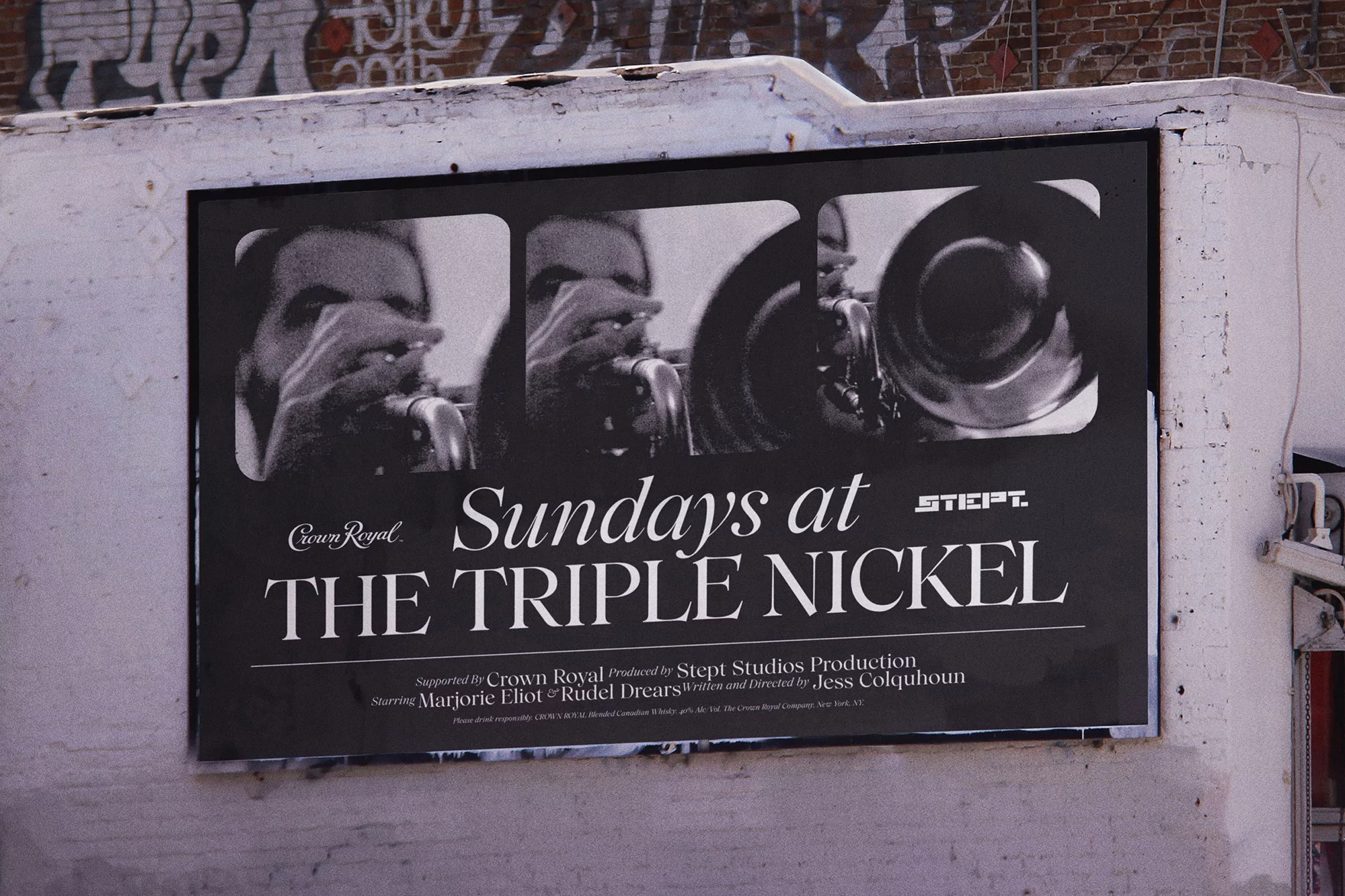 Black and white poster featuring musicians playing trumpets, promoting Sundays at The Triple Nickel jazz event, mounted on a brick wall.