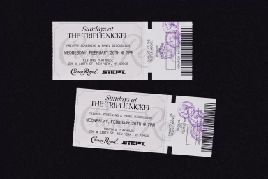Two cream event tickets for Sundays at The Triple Nickel featuring Crown Royal branding against a dark textured background