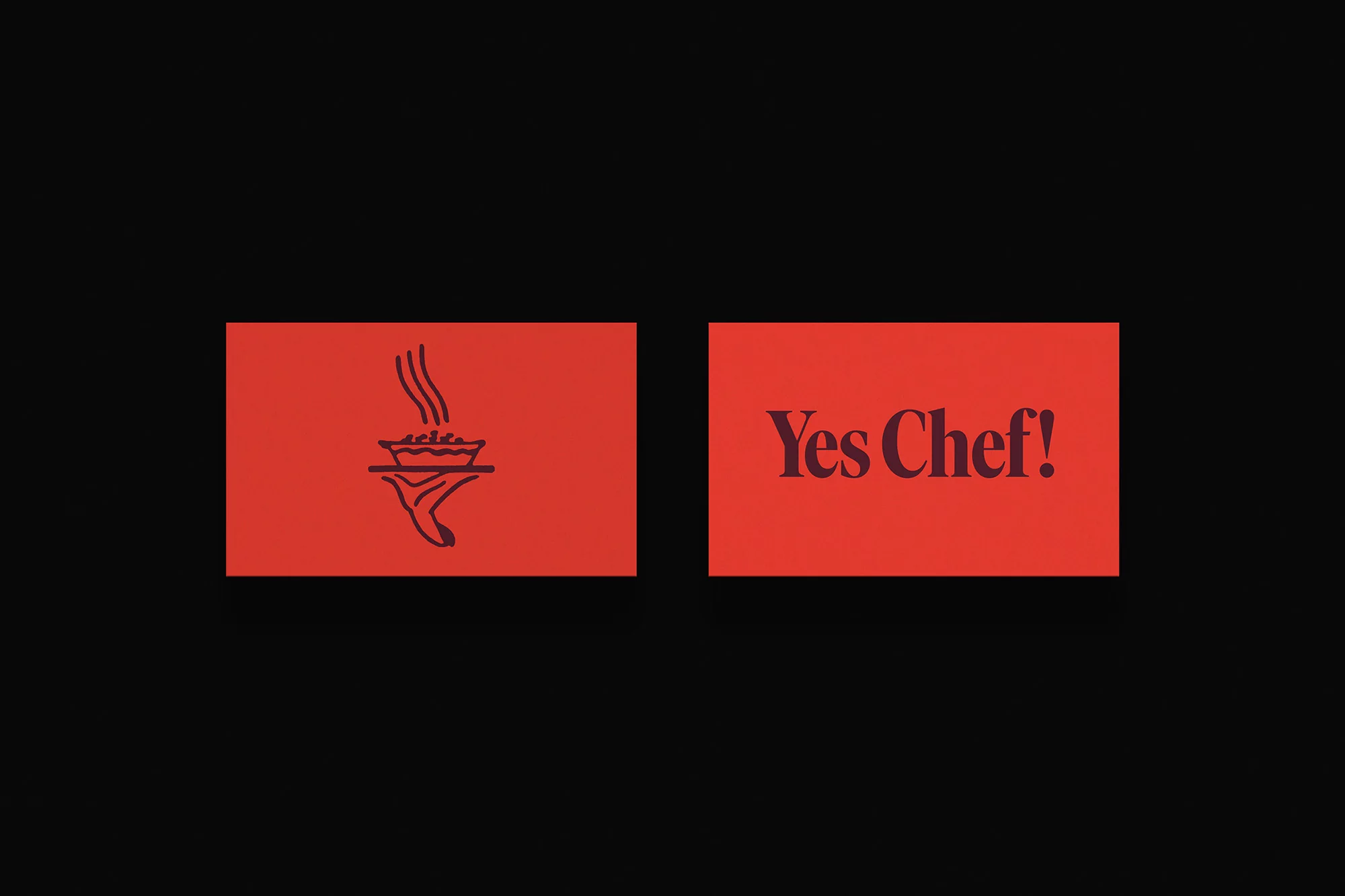 Minimalist food-industry logo on a red rectangle with the text 'Yes Chef!' and an abstract graphic of dish with rising steam.