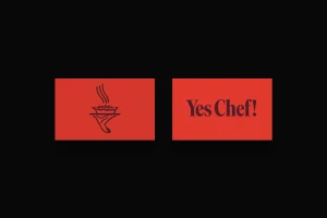 Two red rectangular cards featuring black graphic designs and typography against a solid black background.