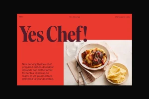 Digital brand identity layout featuring bold red typography reading Yes Chef alongside a ceramic bowl of gourmet food.