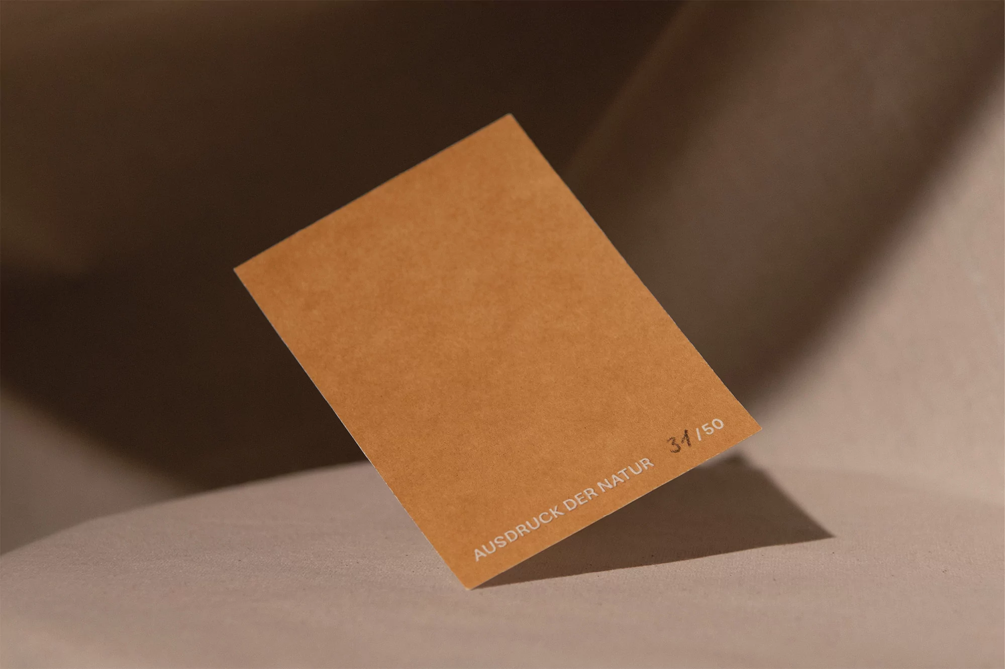 Tan card with the inscription 'Ausdruck Der Natur 31/50' resting on a neutral surface, casting a soft shadow in a diffused light setting.