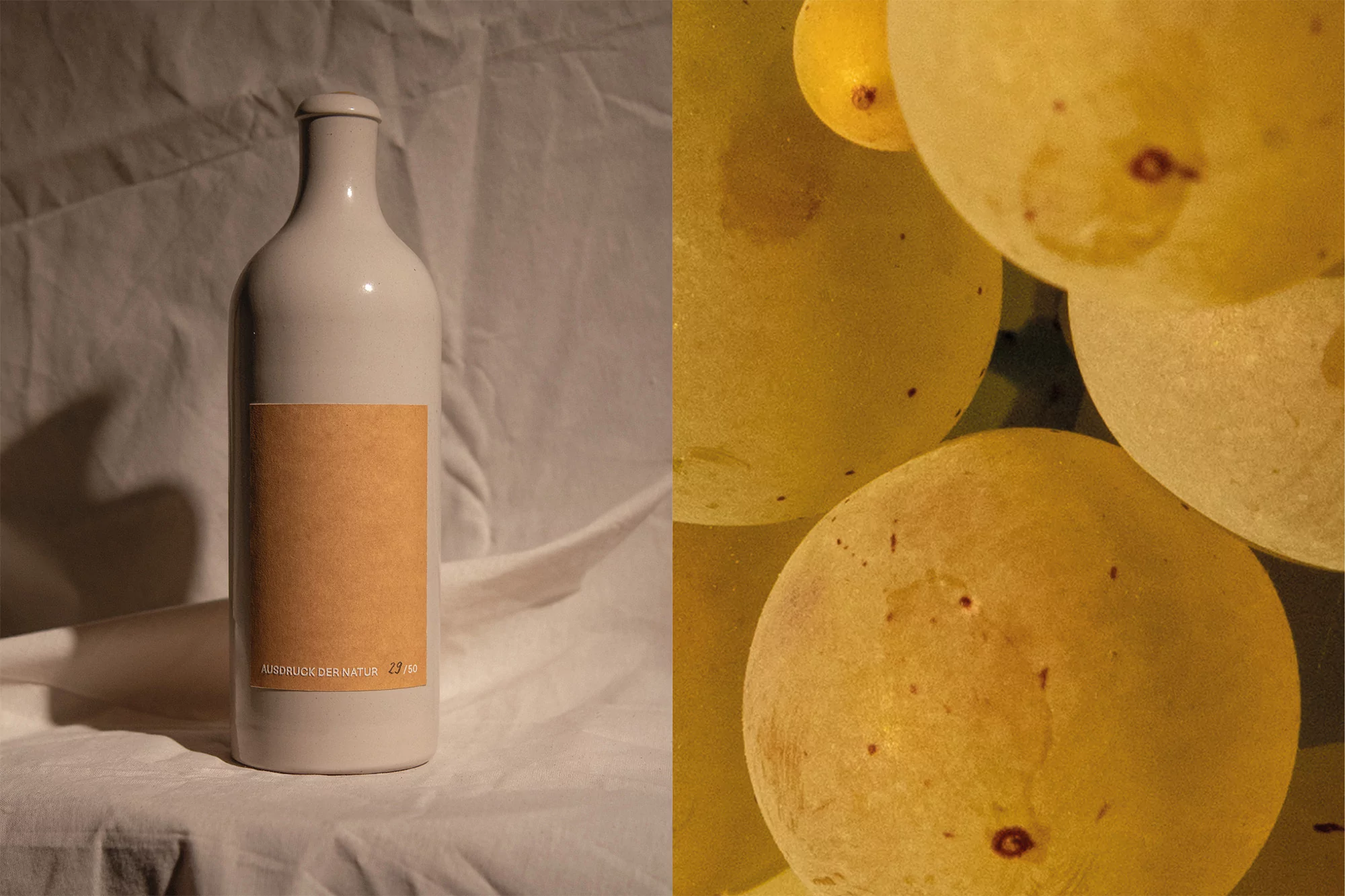 Still life shot with a white bottle with a label next to a cluster of white grapes, capturing a clean and natural aesthetic.