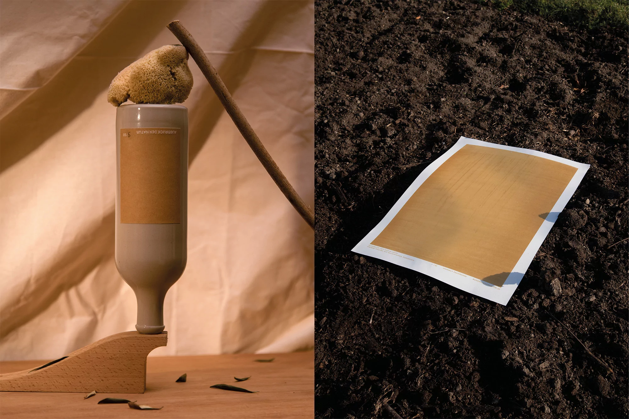 Still life featuring a neutral bottle with a sponge, wooden stick and stand, along with a golden paper on dark soil.