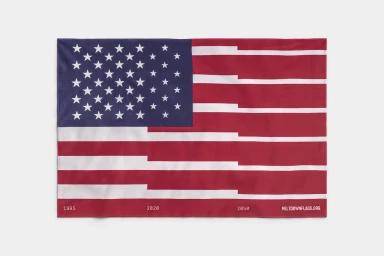 An altered United States flag with descending stripes and years 1995, 2020, and 2050 printed along the bottom edge against a white background.