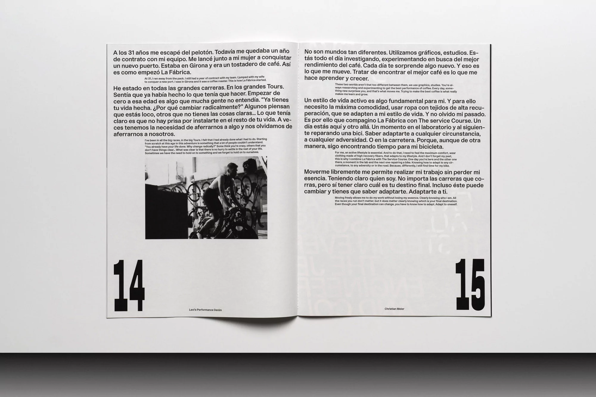 Black and white magazine spread features a group of cyclists and cycling equipment alongside Spanish text columns on a white surface.