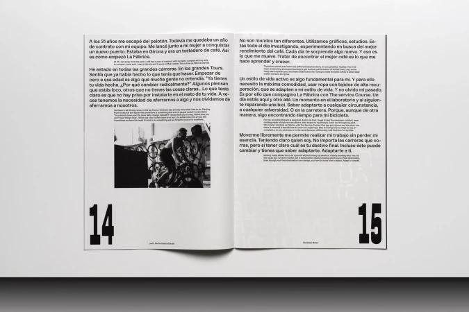 Black and white magazine spread features a group of cyclists and cycling equipment alongside Spanish text columns on a white surface.