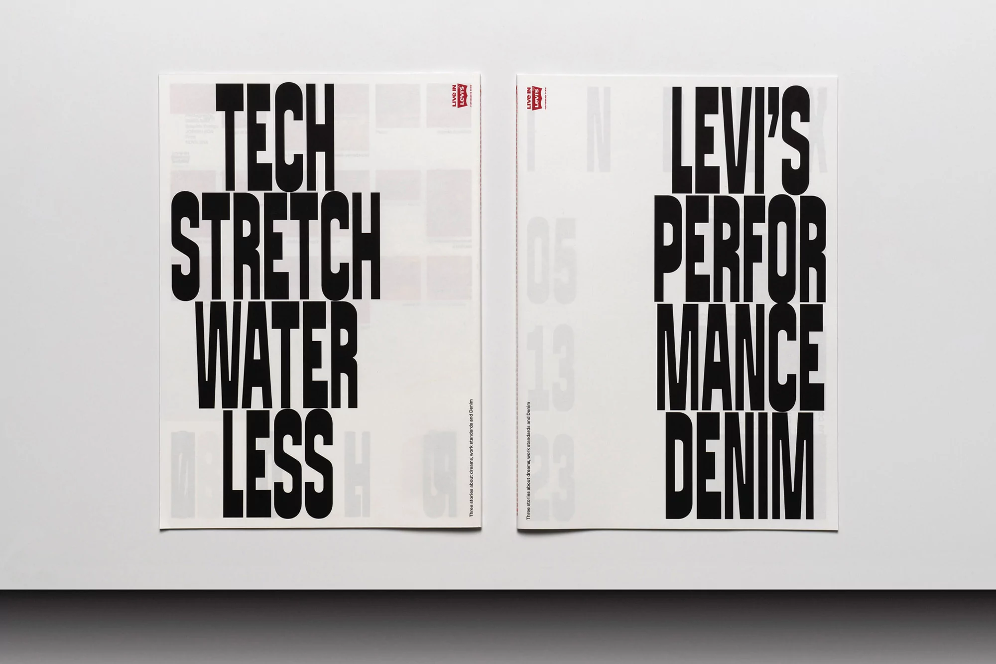 Two advertising posters for Levi's brand featuring the words 'Tech Stretch Water Less' and 'Levi's Performance Denim'.