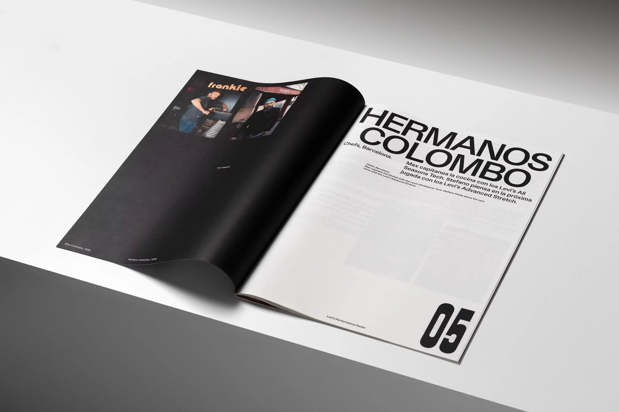 Open magazine featuring the title 'Hermanos Colombo' with chefs in Barcelona, contrasted by a dark page with a 'frankie' article.