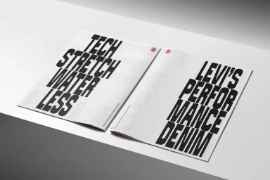 Open spread of Levi's brand identity brochure featuring bold typographic layout on white paper against a plain neutral background.