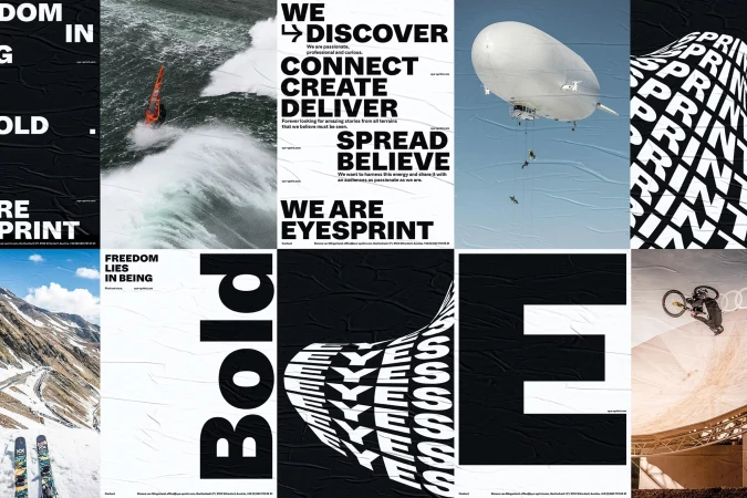 Collection of posters showcasing various scenes: a surfer in ocean waves, mountain scenery, airship in flight, and a BMX rider performing tricks.