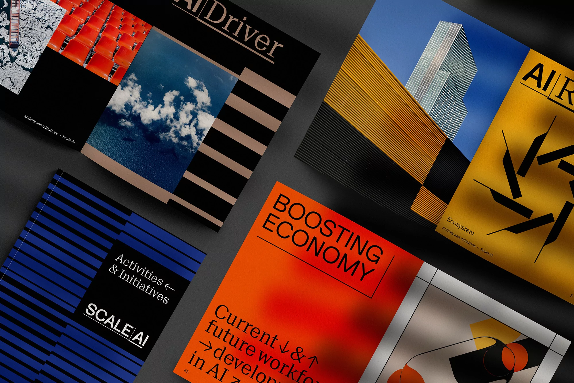 Several magazine covers are displayed on a grey surface with a focus on design, text elements, and a cohesive color palette, promoting AI.