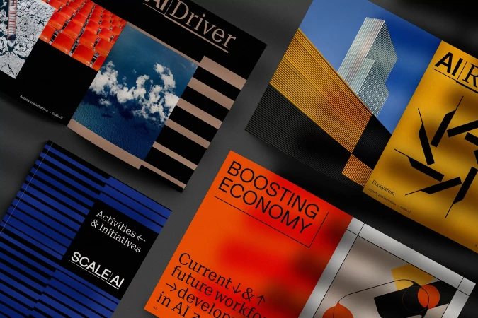Several magazine covers are displayed on a grey surface with a focus on design, text elements, and a cohesive color palette, promoting AI.
