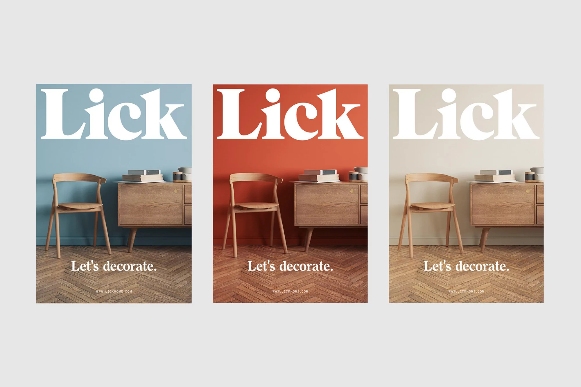 Interior design advertisement featuring wooden furniture: a chair, cabinet, and decor on a wooden floor against different colored walls.