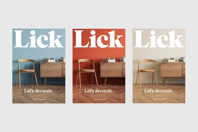 Interior design advertisement featuring wooden furniture: a chair, cabinet, and decor on a wooden floor against different colored walls.