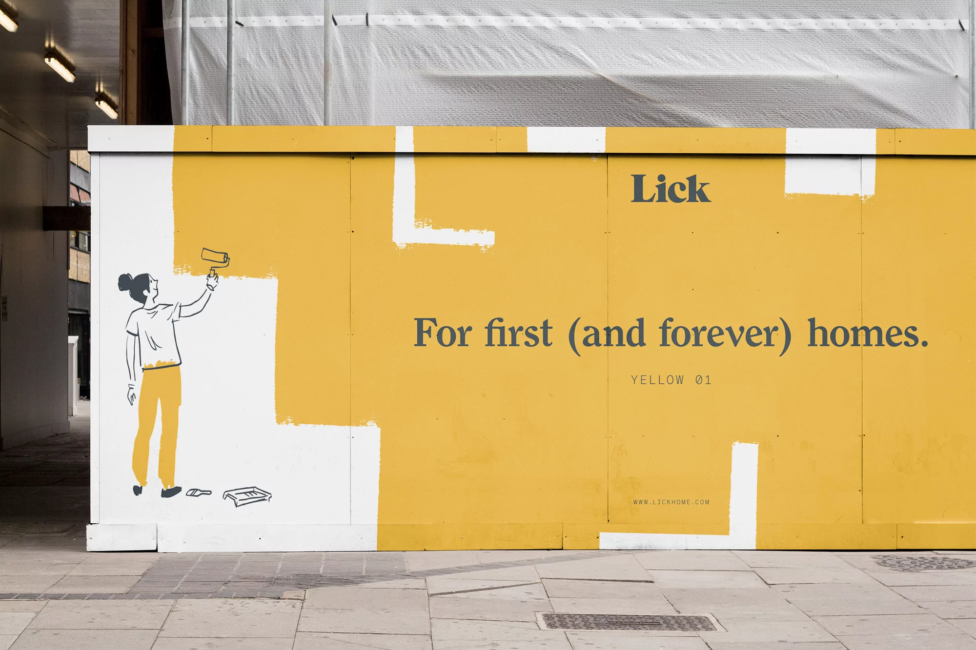 Illustration of a woman painting a wall with a roller, promoting home painting products with yellow paint, against a cityscape backdrop.