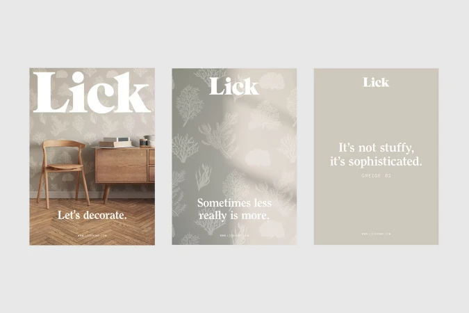 Three promotional posters for Lick paint and wallpaper in neutral tones featuring furniture, interior decor, and brand messaging.