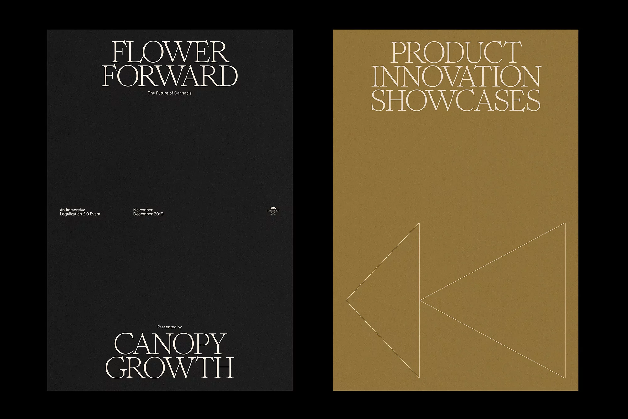Two promotional posters with 'Flower Forward' and 'Product Innovation Showcases' text on black and gold backgrounds.