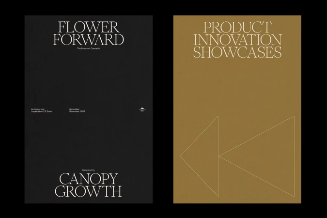 Two promotional posters with 'Flower Forward' and 'Product Innovation Showcases' text on black and gold backgrounds.