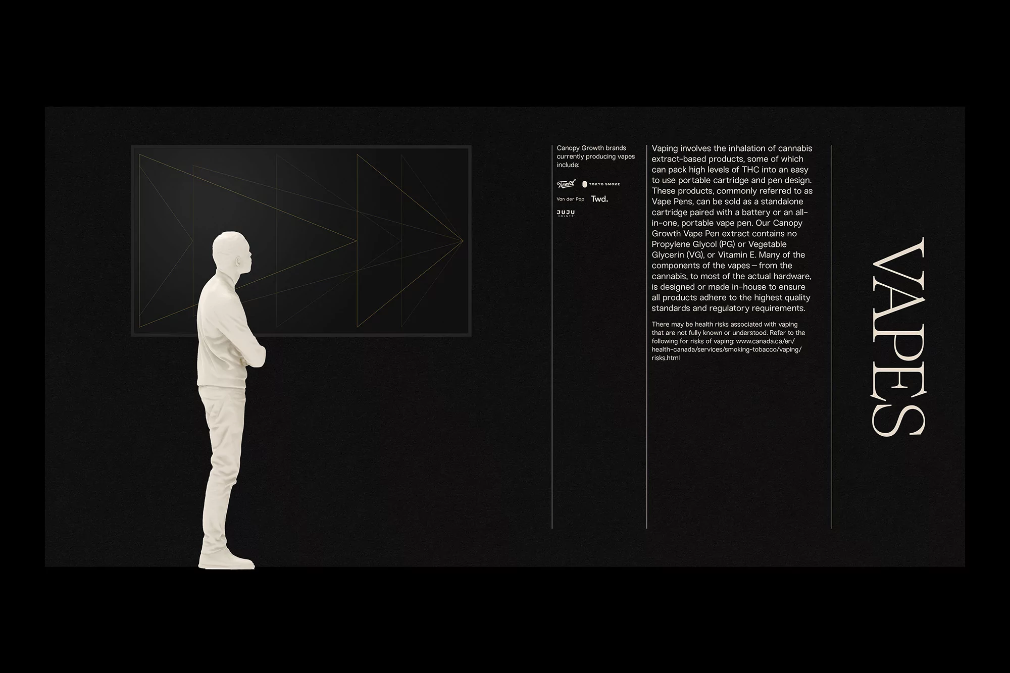 Monochromatic image featuring a figure standing before an infographic, accompanied by text about vaping and associated brands.