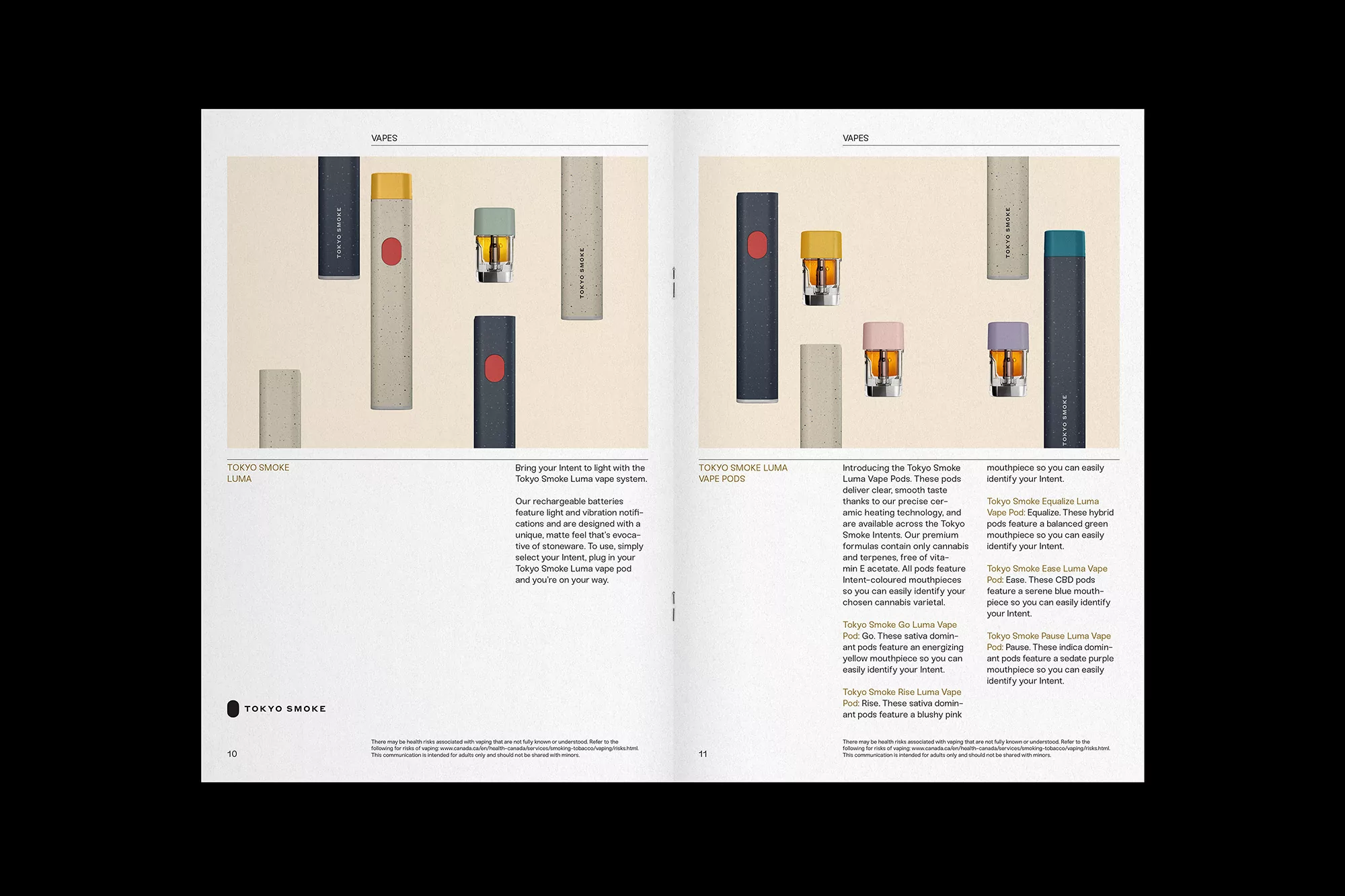 Magazine spread showcases Tokyo Smoke vape products in various colors and configurations against a neutral backdrop, highlighting sleek design.