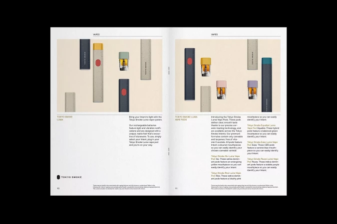 Magazine spread showcases Tokyo Smoke vape products in various colors and configurations against a neutral backdrop, highlighting sleek design.